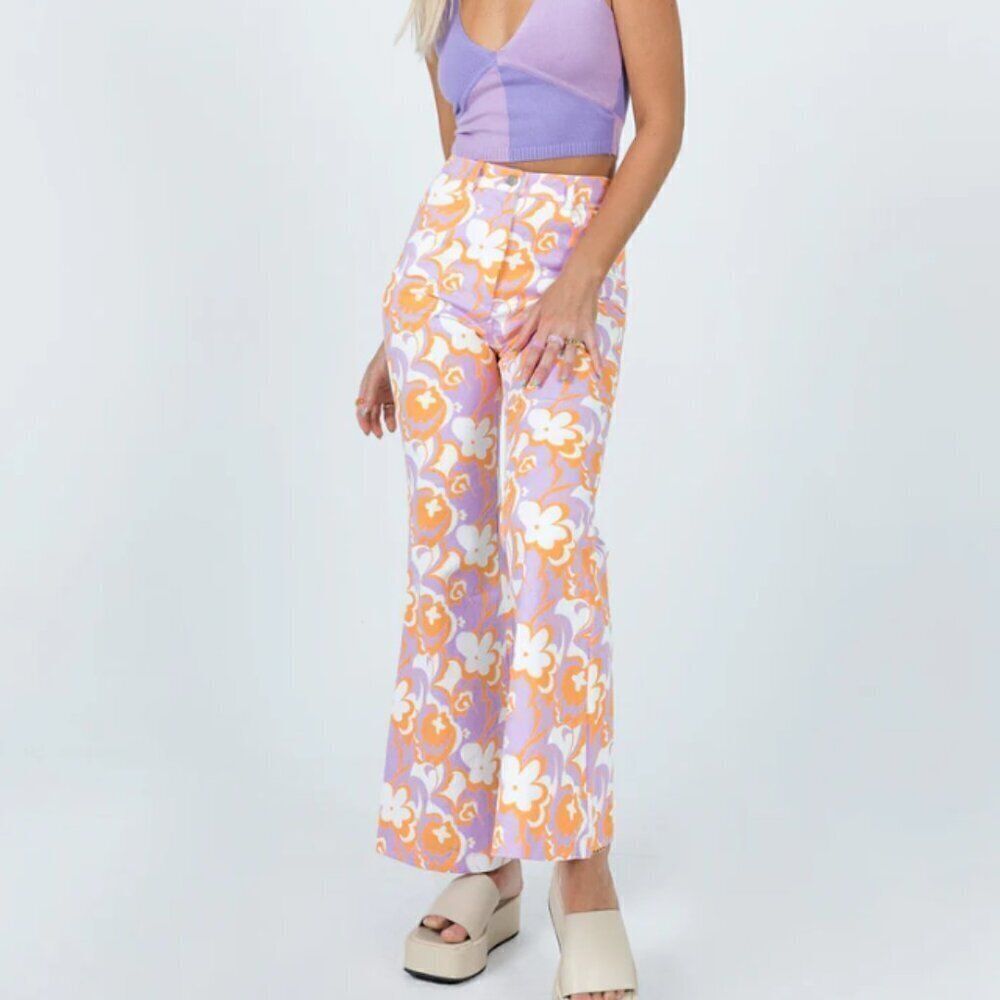 Princess Polly Jasmina Denim Jeans Pink Orange Floral 70s Vibe Flare Wide Legs